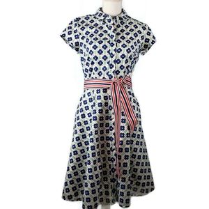 Boden Blue Floral Midi Dress with Striped Belt